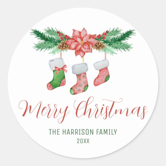 クリスマスソックス付きモミの枝 ラウンドシール (正面)
