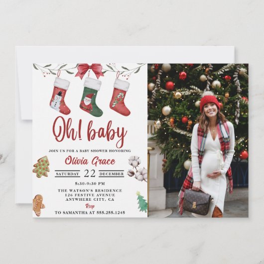 クリスマスソックス赤ちゃんシャワーパーティー写真 招待状 (正面)