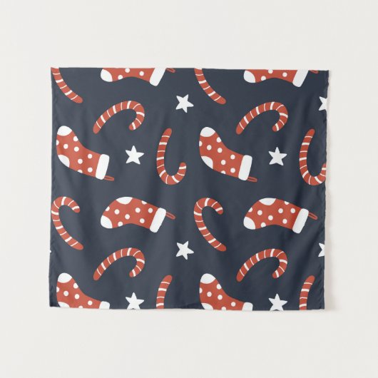 クリスマスソックス、キャンディーケーン付きの継ぎ目のない模様  タペストリー (正面(横))