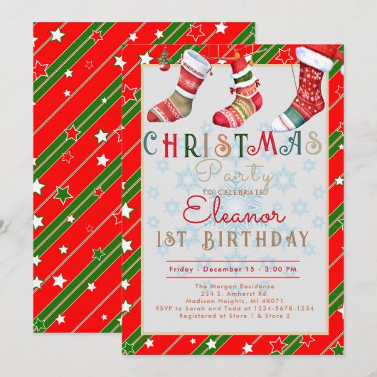 クリスマスソックス 1歳の誕生日パーティー 招待状 (正面/裏面)