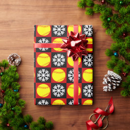 クリスマスソフトボール赤と黒のスノーフレーク・パターン ラッピングペーパー