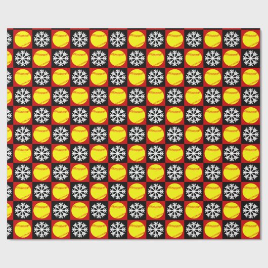 クリスマスソフトボール赤と黒のスノーフレーク・パターン ラッピングペーパー (フラット)