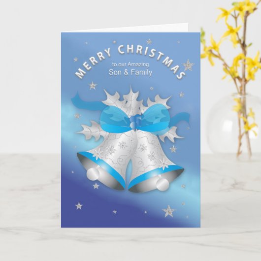 クリスマスソンと家族の銀と青の鐘  カード (黄色い花)