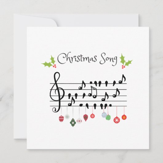 クリスマスソングの音符と鳥とヒイラギ 招待状 (正面)