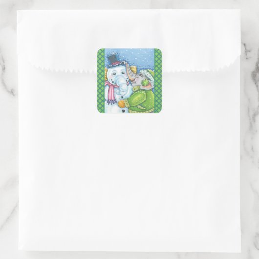 クリスマスゾウ建物かわいいパチデーム雪だるま スクエアシール (バッグ)