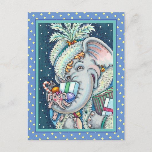 クリスマスゾウ、たくさんの贈り物と良い応援 シーズンポストカード (正面)