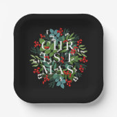 クリスマスタイポグラフィの果実と緑 ペーパープレート (正面)