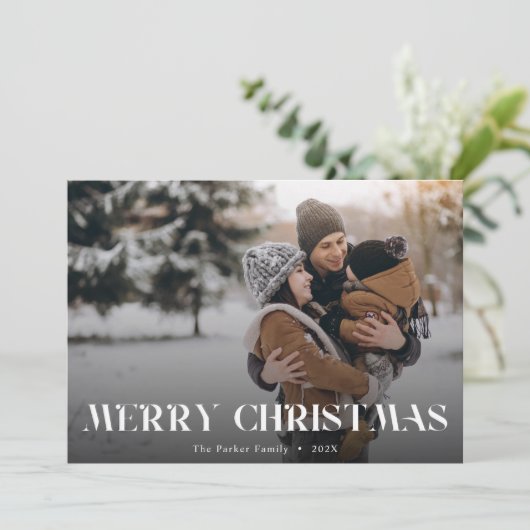 クリスマスタイポグラフィモダンのオーバーレイ文字写真 シーズンカード (スタンド正面)