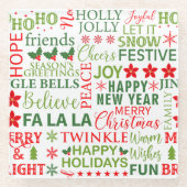 クリスマスタイポグラフィレッド&グリーンシームレスパターン ガラスコースター (正面)