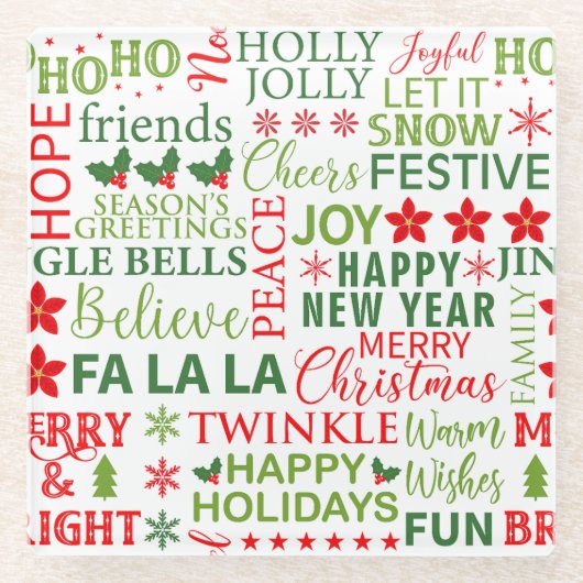 クリスマスタイポグラフィレッド&グリーンシームレスパターン ガラスコースター (正面)