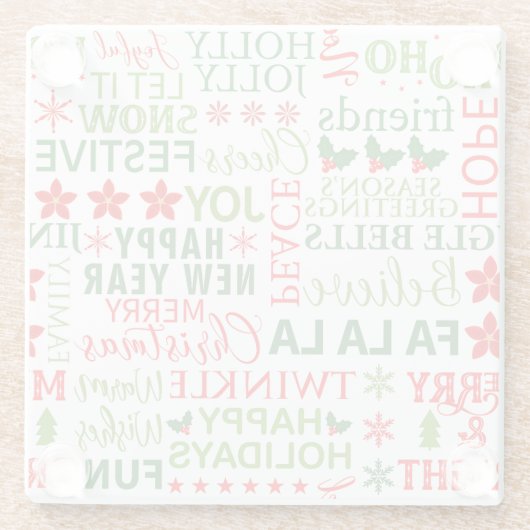 クリスマスタイポグラフィレッド&グリーンシームレスパターン ガラスコースター (裏面)