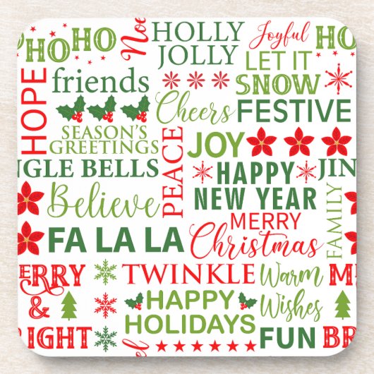 クリスマスタイポグラフィレッド&グリーンシームレスパターン コースター (正面)