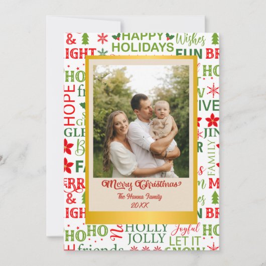 クリスマスタイポグラフィレッド&グリーンシームレスパターン シーズンカード (正面)