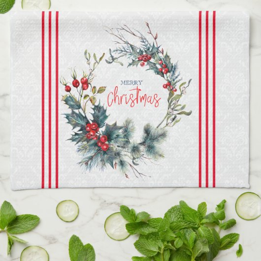 クリスマスタイポグラフィ赤い果実の水の色リース キッチンタオル (折り畳み)