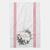 クリスマスタイポグラフィ赤い果実の水の色リース キッチンタオル (縦)