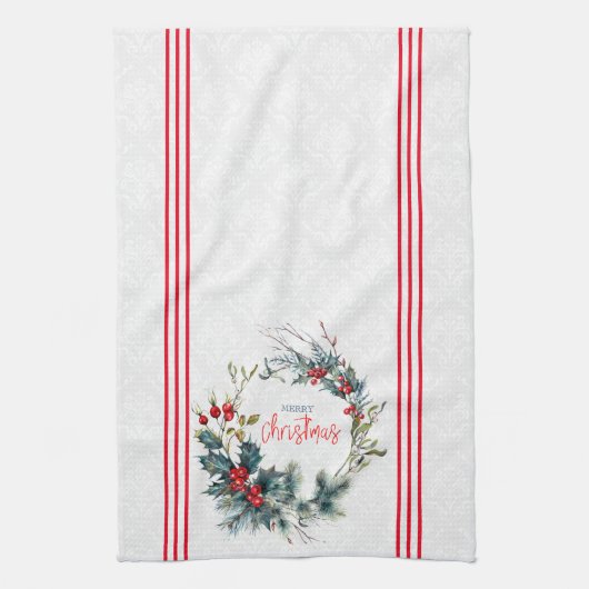 クリスマスタイポグラフィ赤い果実の水の色リース キッチンタオル (縦)