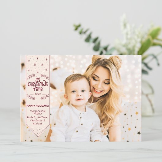 クリスマスタイムアイボリーハッピーホリデーズ写真 シーズンカード (スタンド正面)