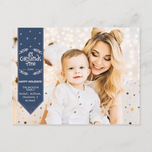 クリスマスタイムインディゴブルー幸せな休日の写真 シーズンポストカード (正面)