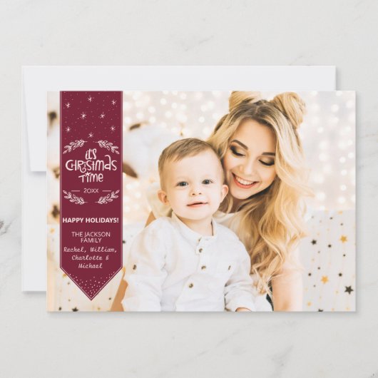 クリスマスタイムブルガンディ幸せな休日の写真 シーズンカード (正面)