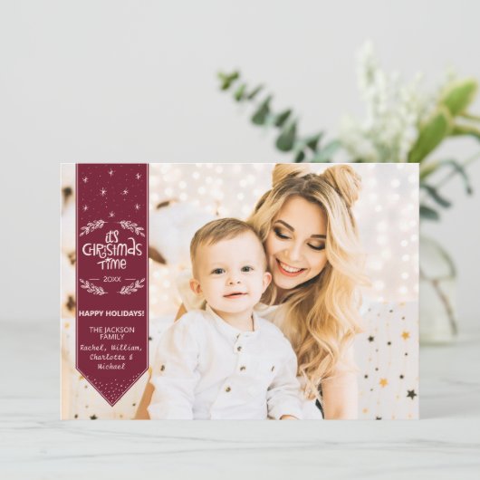 クリスマスタイムブルガンディ幸せな休日の写真 シーズンカード (スタンド正面)