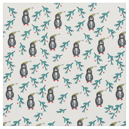 クリスマスタイムペンギン水彩 ファブリック (クローズアップ)