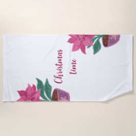クリスマスタイムポインセチアの花ポット ビーチタオル