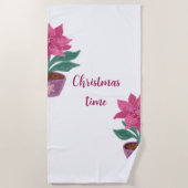 クリスマスタイムポインセチアの花ポット ビーチタオル (正面)