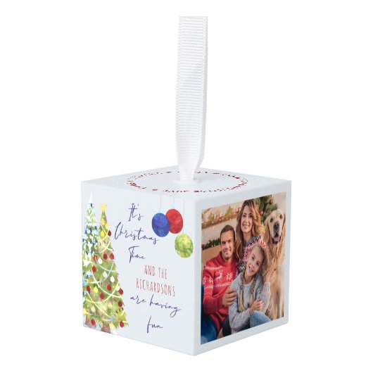 クリスマスタイム3家族の写真と名前がかわいい キューブオーナメント (正面アングル)