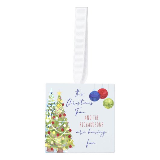 クリスマスタイム3家族の写真と名前がかわいい キューブオーナメント (正面)