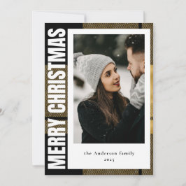 クリスマスタイリッシュスモダンブラック&金ゴールドタータンチェックプレイド シーズンカード