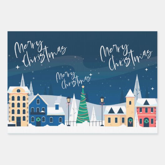 クリスマスタウンランドスケープメリークリスマス引用文 ラッピングペーパーシート (正面3)