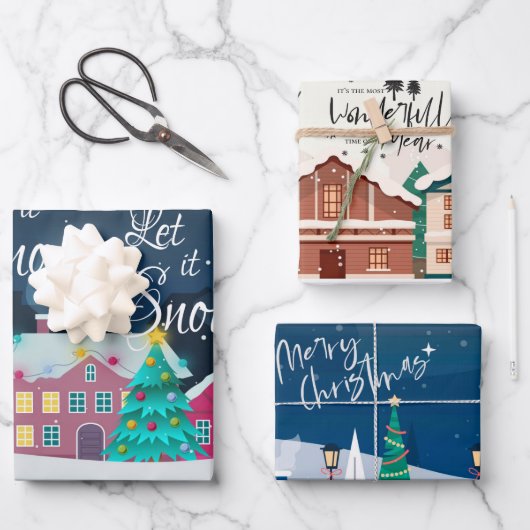 クリスマスタウンランドスケープメリークリスマス引用文 ラッピングペーパーシート (正面)