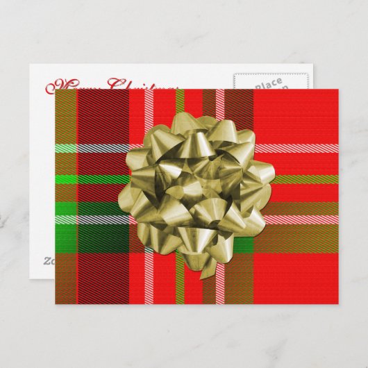 クリスマスタータンチェックのパターンと弓 シーズンポストカード (正面/裏面)