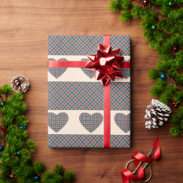 クリスマスタータンチェックハートパターン赤面ピンク ラッピングペーパー