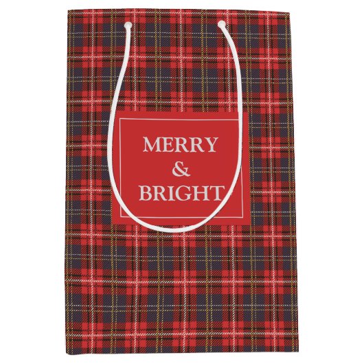 クリスマスタータンチェックプレイドカスタム文字 ミディアムペーパーバッグ (正面)