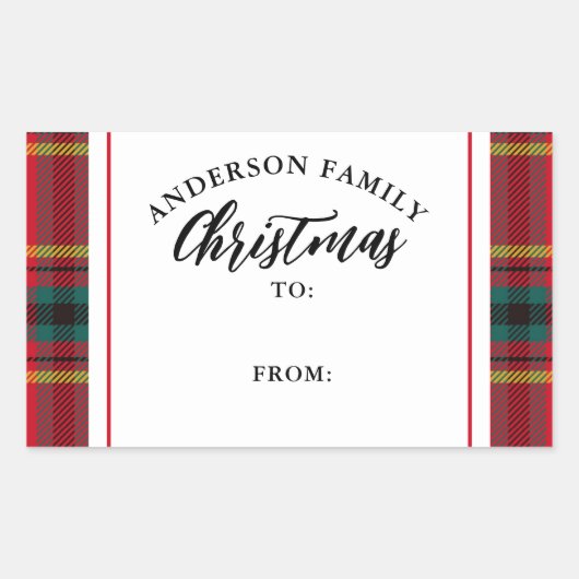 クリスマスタータンチェックプレイドファミリー名ギフト 長方形シール (正面)