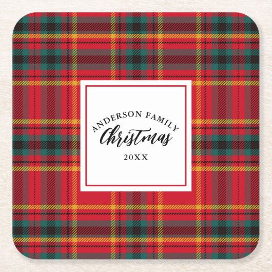 クリスマスタータンチェックプレイドファミリー名年 スクエアペーパーコースター (正面)