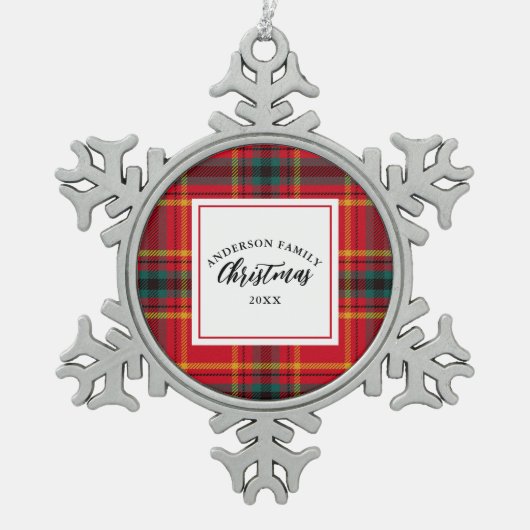 クリスマスタータンチェックプレイドファミリー名年 スノーフレークピューターオーナメント (正面)