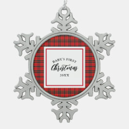 クリスマスタータンチェックプレイドベビーの初めてのクリスマス スノーフレークピューターオーナメント