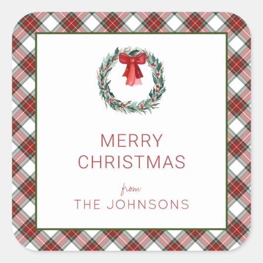 クリスマスタータンチェックプレイドリースボウ スクエアシール (正面)