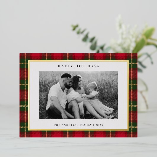 クリスマスタータンチェックプレイド両面ファミリーフォト 箔シーズンカード (立ち正面)