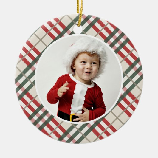 クリスマスタータンチェック写真クリスマスオーナメント年 セラミックオーナメント (正面)