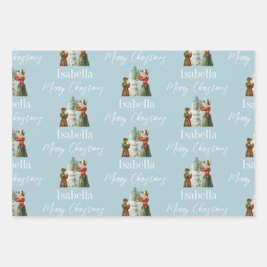 クリスマスダスティブルーヴィンテージ名前をカスタムする ラッピングペーパーシート (正面2)