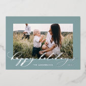 クリスマスダスティブルー1フォトボタニカルスクリプト 箔シーズンカード (正面)