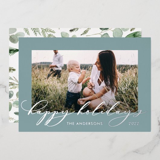 クリスマスダスティブルー1フォトボタニカルスクリプト 箔シーズンカード (正面/裏面)