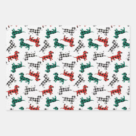 クリスマスダッシュンズインレッドフランネルバッファロープレイド ラッピングペーパーシート