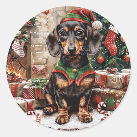 クリスマスダッシュンドドッグス小妖精や小人 ラウンドシール (正面)