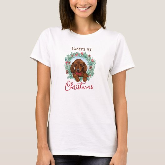 クリスマスダッチシュント子犬ウィナーソーセージ犬 Tシャツ (正面)