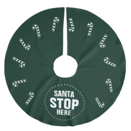 クリスマスダークグリーンのキャンディーケーンサンタストップーここへ ブラッシュドポリエステルツリースカート