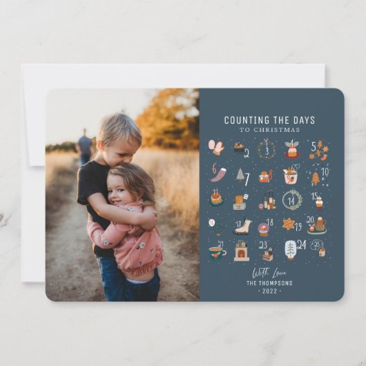 クリスマスダークネイビー写真へのシックなカウント日 シーズンカード (正面)